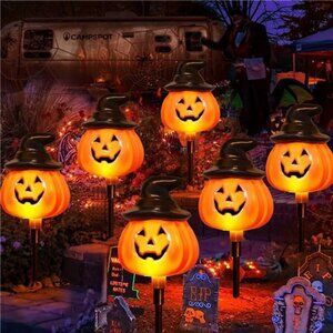 6 Pack Solar Jack O Lantern Stake String Lights - Orange Halloween Pathway